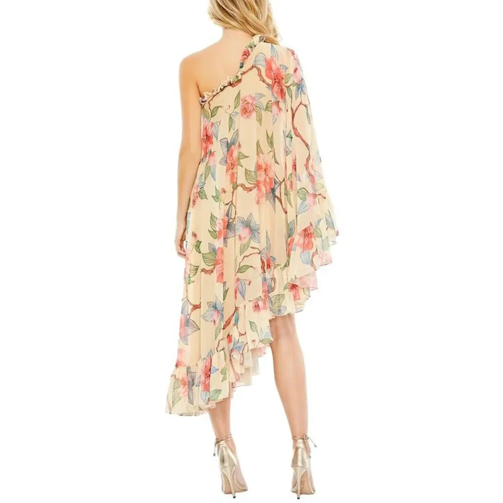 Mac Duggal Cream One-Shoulder Floral Ruffled Long Sleeve Dress - Picture 2 of 4